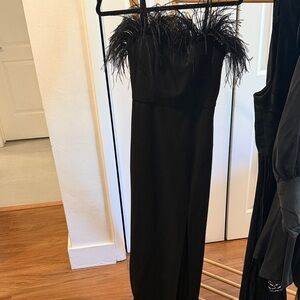 Aqua Black Strapless Feather-Trim Gown